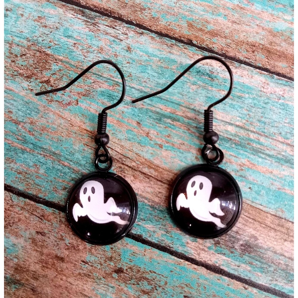 Ghost Earrings, Halloween Dangles, Art Under Glass